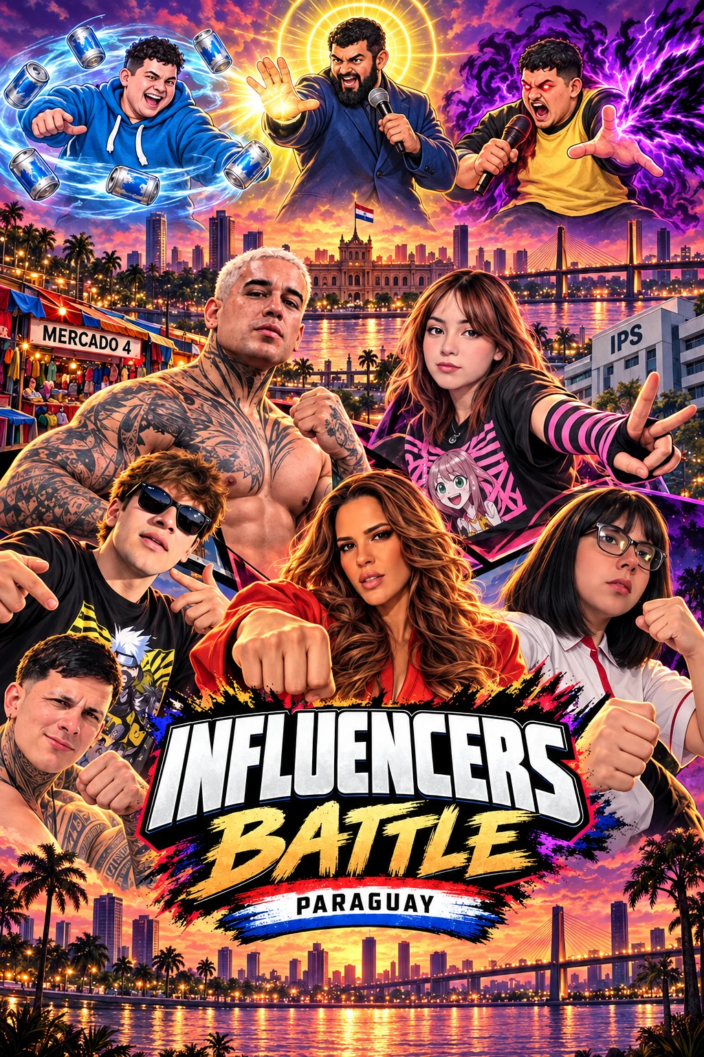 Los seis personajes de Influencers Battle en una portada de acción paraguaya